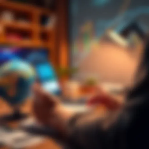 A person looking at a phone showing earnings from the Atlas Earth app while sitting at a desk with a globe and money around.