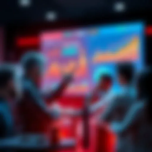 A group of people discussing strategies for earning money through DeFi and liquidity pools, with charts and graphs showing financial growth on a screen.