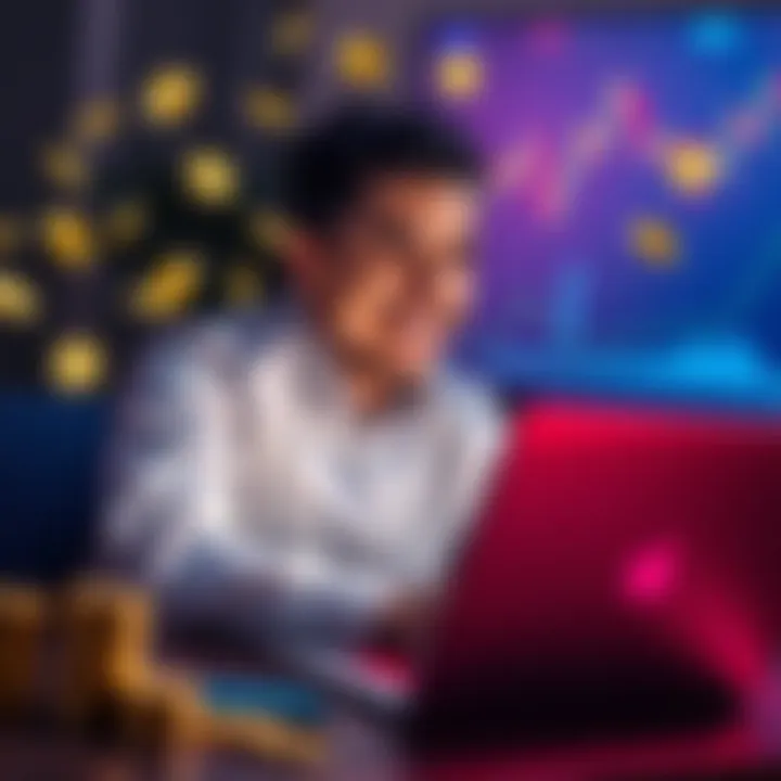 A person smiling while using a laptop, surrounded by graphs and coins representing online earnings.