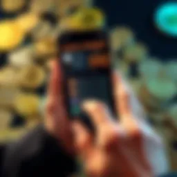 Hands holding smartphone displaying crypto interest options with coins in the background