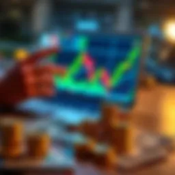 A person analyzing cryptocurrency charts on a laptop, with coins and dollar bills in the foreground, symbolizing income generation from crypto investments.