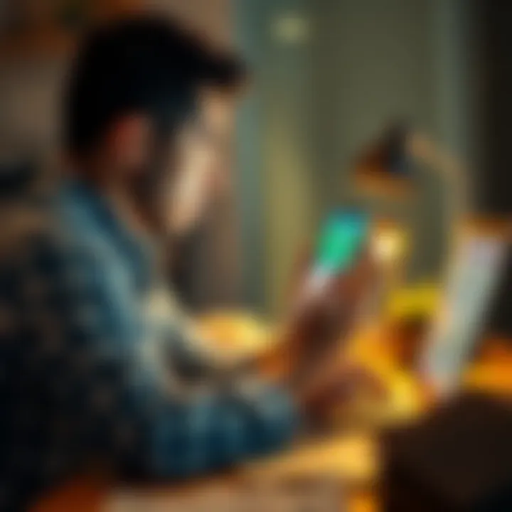 A person looking at their phone with a Trust Wallet app displaying earnings, sitting at a desk with a laptop and money around them