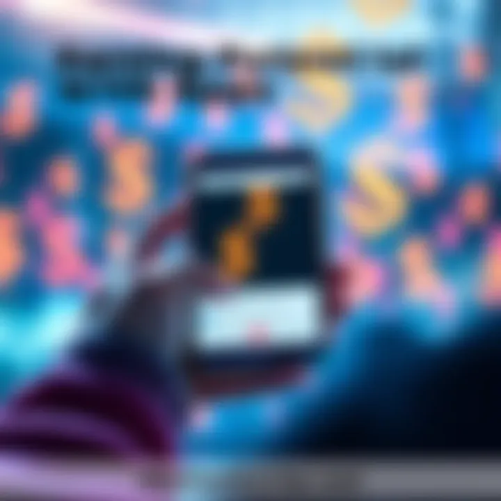 A person using a smartphone to answer surveys with dollar signs in the background