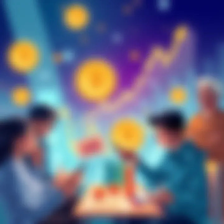 Illustration showing diverse people analyzing stablecoin yield opportunities with digital charts and coins, representing financial growth and stability