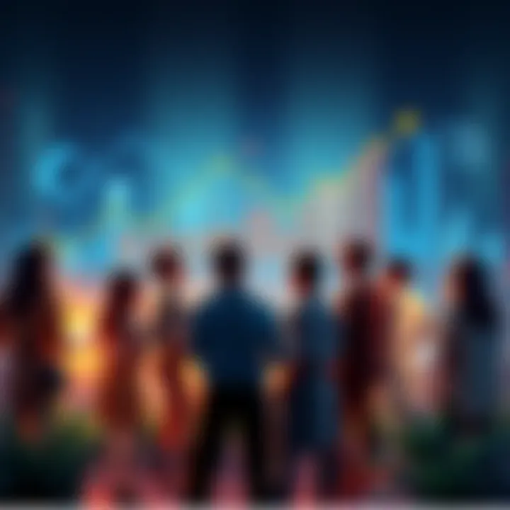 A group of people discussing strategies to increase earnings, surrounded by charts and graphs showing financial growth.