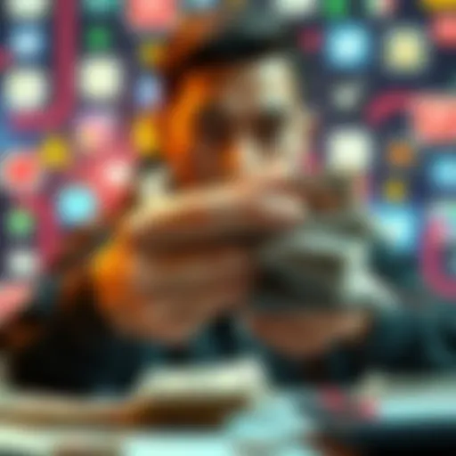 Earnings from App Subscriptions A person counting money with app icons in the background, symbolizing reinvestment of earnings from app subscriptions.