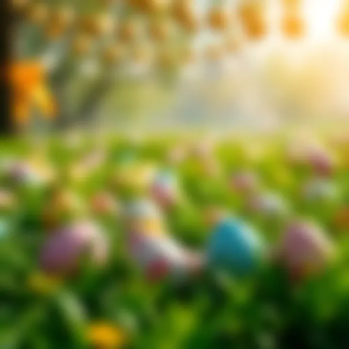 A colorful scene of Easter eggs hidden in grass, with participants collecting them for rewards, surrounded by festive decorations