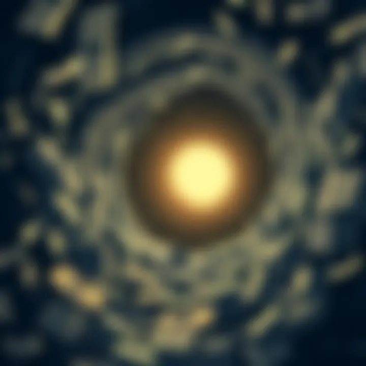 An illustration showing a swirling black hole with currency symbols and buildings around it, representing economic struggles and community impact.