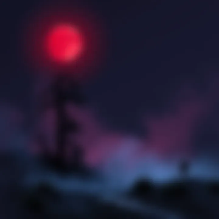 A dark, haunting landscape with a red moon casting shadows over a lonely figure exploring a misty environment