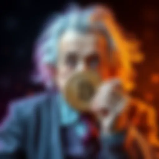 Einstein holding a Bitcoin coin, symbolizing the connection between his theories and cryptocurrency.