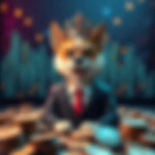 A cartoon dog in a suit with a crown, symbolizing the new leader of Dogecoin, surrounded by coins and a digital backdrop.