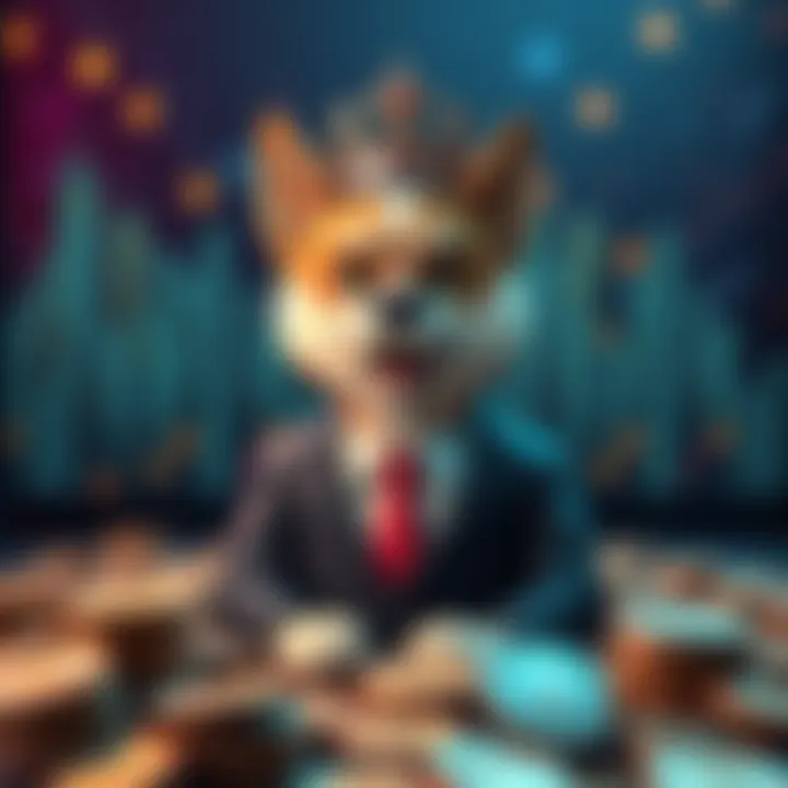 A cartoon dog in a suit with a crown, symbolizing the new leader of Dogecoin, surrounded by coins and a digital backdrop.