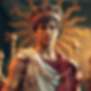 A young Roman Emperor wearing a toga, surrounded by symbols of the sun-god Elagabal, showcasing his controversial reign and defiance of gender norms.