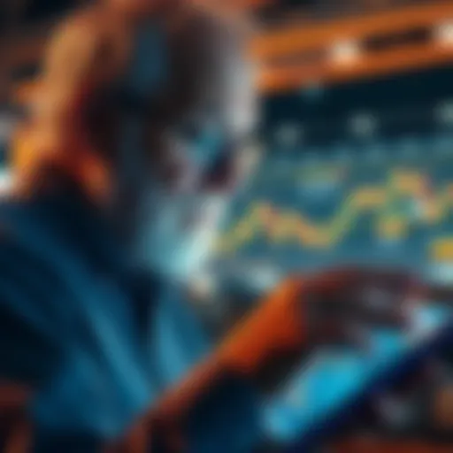 An elderly man with glasses studies a cryptocurrency chart on his tablet, considering an investment decision.