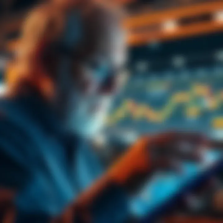 An elderly man with glasses studies a cryptocurrency chart on his tablet, considering an investment decision.
