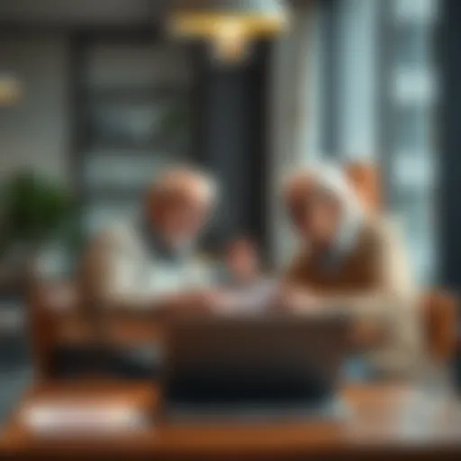 An elderly couple sitting at a table, discussing financial plans for a long life, with papers and a laptop in front of them.