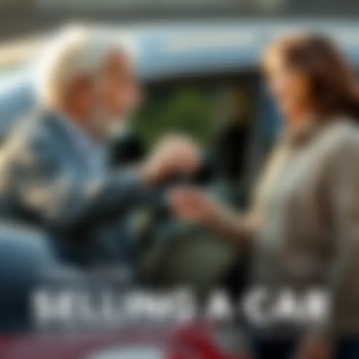 Elderly Relative Selling a Car An elderly person handing over car keys to a family member while standing next to the car in a driveway