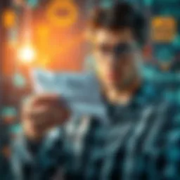 A person looking concerned while holding an electricity bill with a digital background representing online data sharing