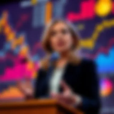 Elisabeth Holmes speaking at a podium with a focused expression, surrounded by charts and graphs representing investment and technology trends.