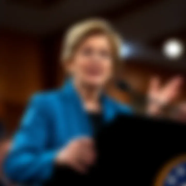 Elizabeth Warren speaks at a podium Elizabeth Warren criticizing Donald Trump and the SEC's decision on Justin Sun's settlement