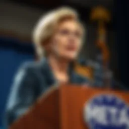 Senator Elizabeth Warren speaks at a podium about Meta's stablecoin plans before a vote