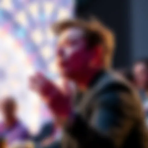 Elon Musk speaking at a conference about cryptocurrency, AI, and the future of compute power with an audience engaged.