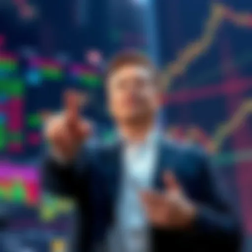 Elon Musk announcing crypto trading on X platform with a digital screen showing currencies and stocks.