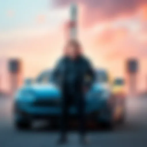 Elon Musk standing between a SpaceX rocket and a Tesla car, symbolizing his rise to becoming the first trillionaire