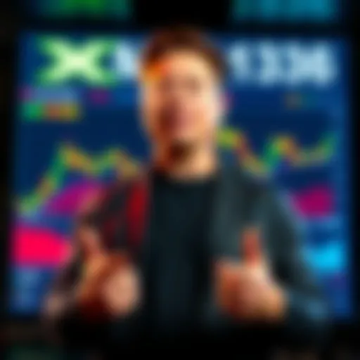 Elon Musk stands in front of a digital screen displaying XMoney's new trading features, emphasizing its impact on stock and cryptocurrency trading.