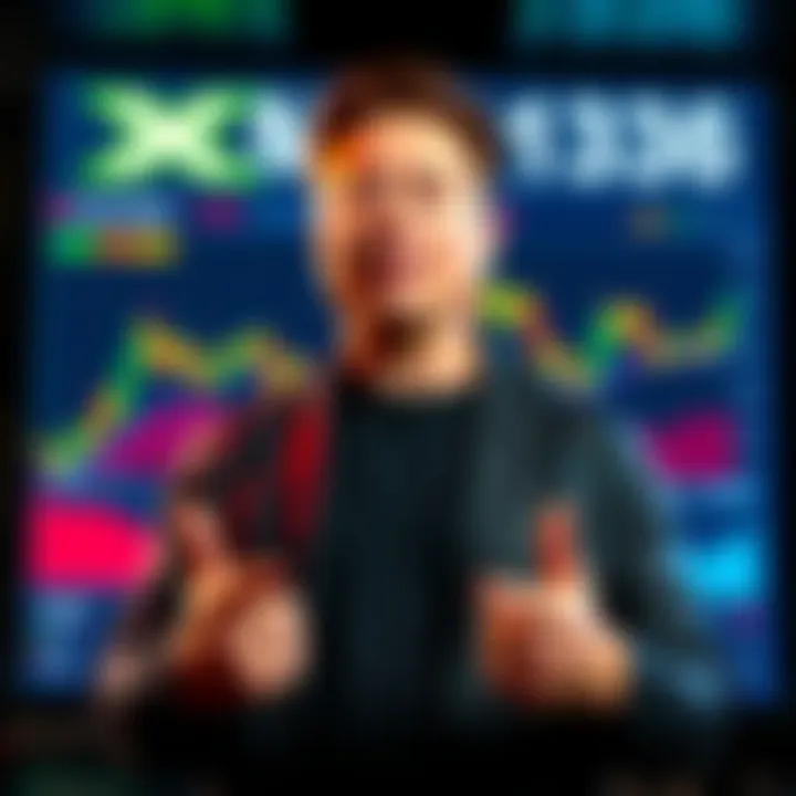 Elon Musk promoting XMoney Elon Musk stands in front of a digital screen displaying XMoney's new trading features, emphasizing its impact on stock and cryptocurrency trading.