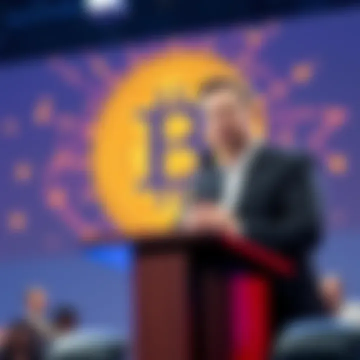 Elon Musk speaking at a podium about AI's impact on money and Bitcoin's future in a conference setting