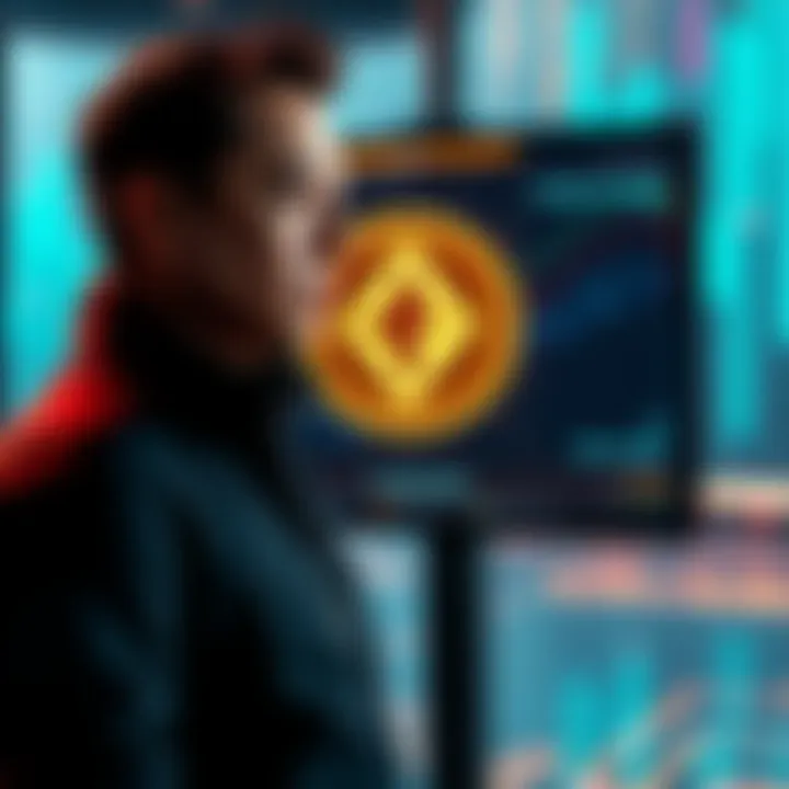 Elon Musk stands with a digital screen displaying Gork coin logo, symbolizing its return on the X platform.