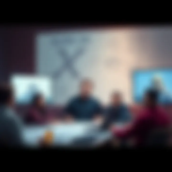 Elon Musk and his team brainstorming ideas for the Gork on X parody, surrounded by sketches and digital screens showcasing their creative process.