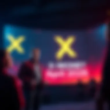 Elon Musk standing beside a large screen displaying the X Money logo and launch date, with people looking on excitedly