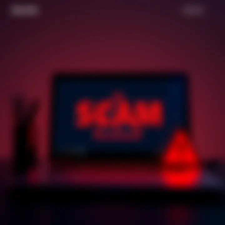 A warning about email scams with a red alert symbol and a laptop showing a suspicious email.