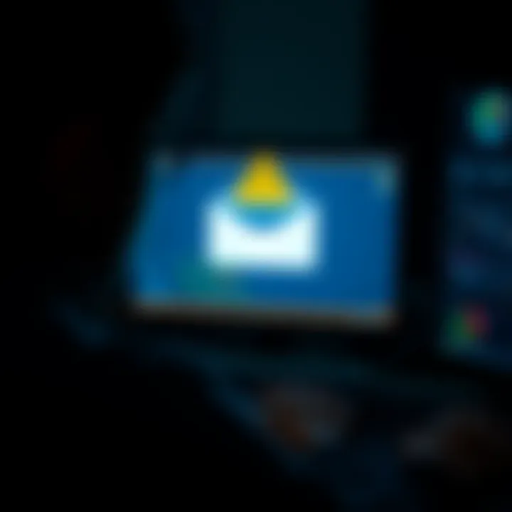 Email Scam Alert A person looking at a suspicious email on a computer screen with a warning sign