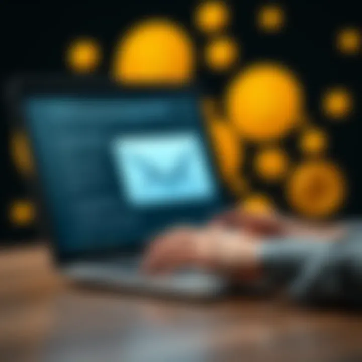 A person typing an email on a laptop with Bitcoin symbols in the background, representing the start of a new digital currency era.