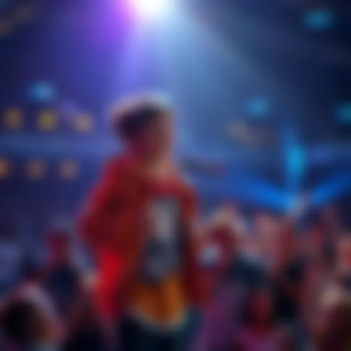 A young artist stands confidently on stage holding a microphone, showcasing their talent to an engaged audience.