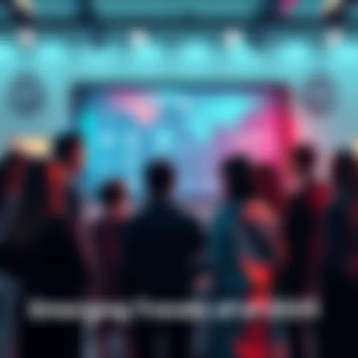 A group of people discussing future trends with a digital display showing various icons related to technology, sustainability, and innovation.