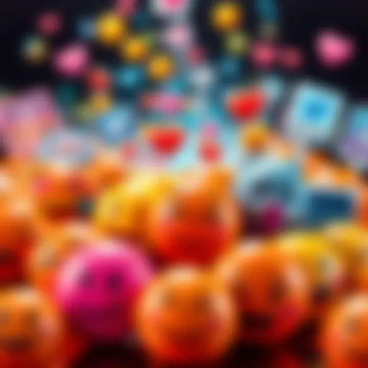 Emojis and Emotions in Media A variety of colorful emojis representing different emotions, surrounded by digital media icons