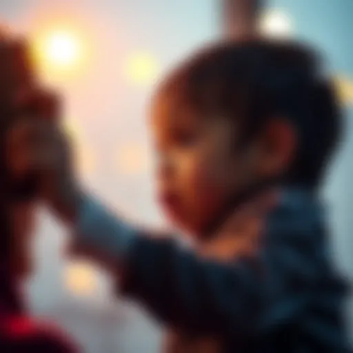 A child reaching out with a phone, looking hopeful while talking to their mother