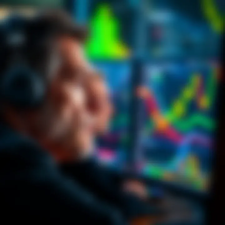 A trader looking anxious while monitoring Bitcoin charts on a computer screen, emphasizing the impact of emotions on trading decisions.