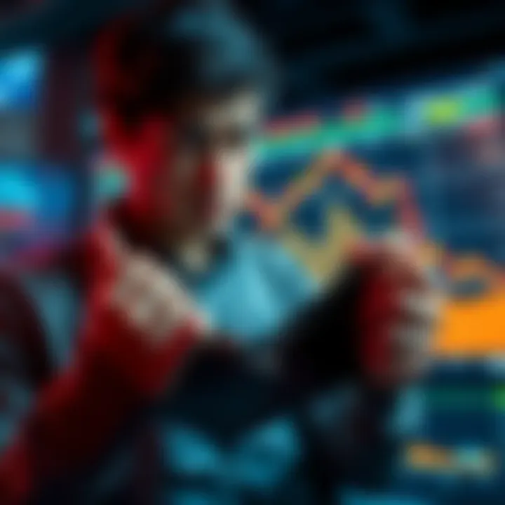 A person looking worried while checking their empty wallet, as stock market graphs show a decline in the background.