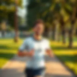 A person jogging in a park with a bright smile, showcasing high energy and vitality.
