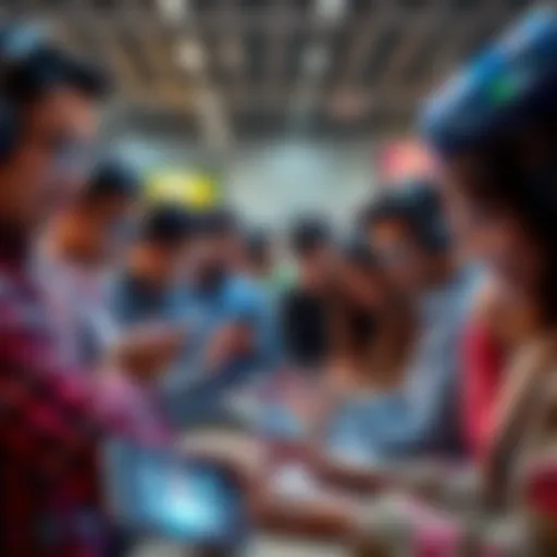 A diverse group of people interacting with advanced technology in a modern setting, showcasing cultural trends of 2026.