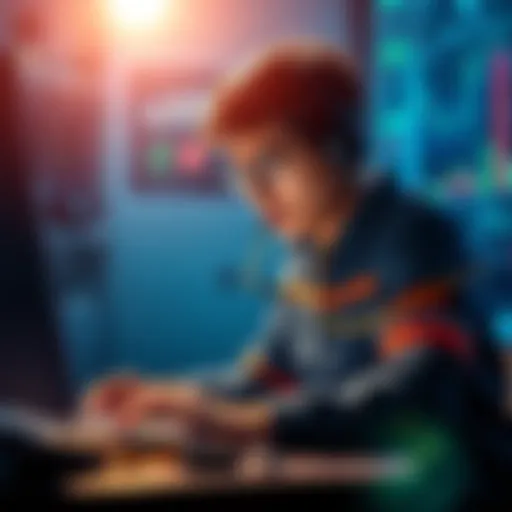 An engineer looks at a laptop with cryptocurrency charts and USDC symbol, pondering investment decisions for his salary.