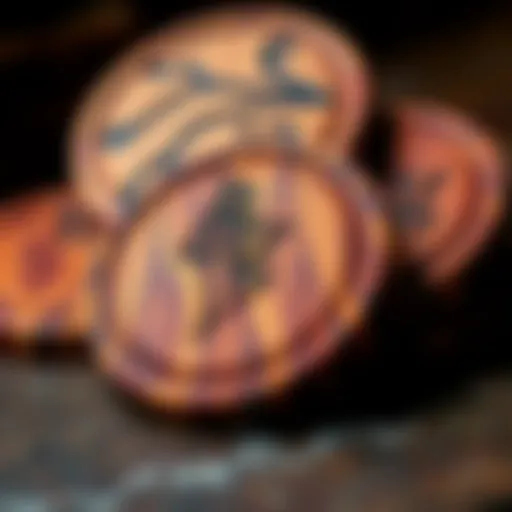 A close-up of QFG4 wood coasters with engraved designs, showcasing vibrant colors and intricate details.