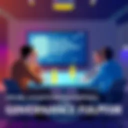 An illustration showing a group of business people discussing blockchain strategies around a table, with a digital blockchain graphic visible on a screen in the background.