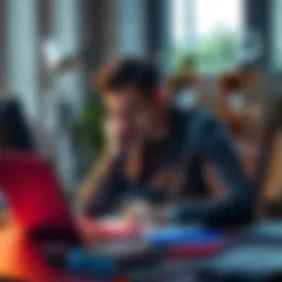 A focused entrepreneur sitting at a desk with a laptop, sketching ideas for a new AI legal tech platform to assist individuals in the justice system.