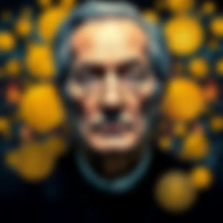 A portrait of Jeffrey Epstein surrounded by Bitcoin symbols, suggesting a connection to cryptocurrency.